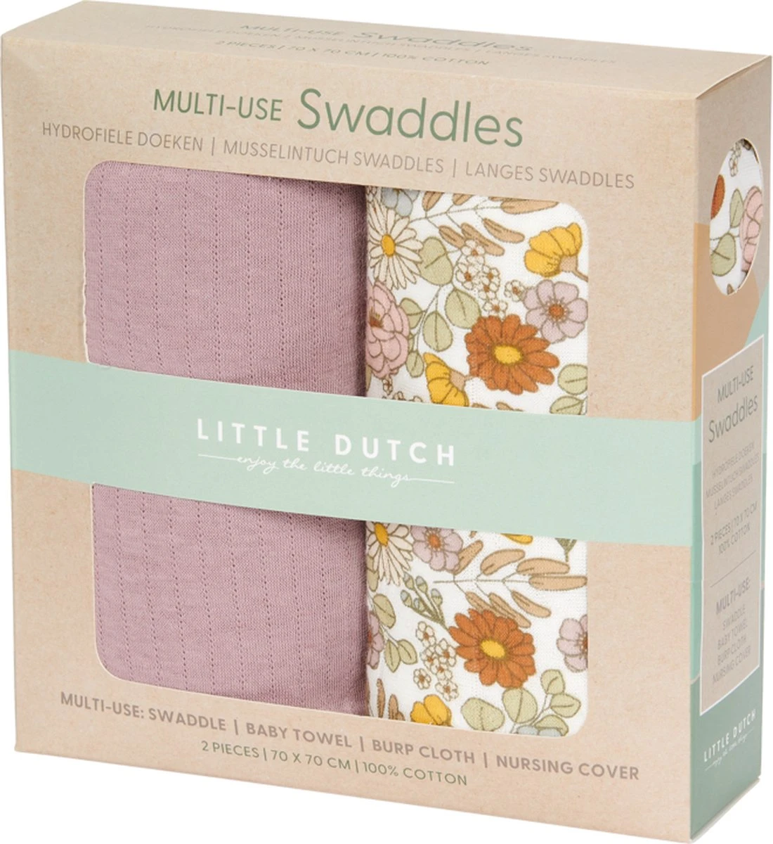 Little Dutch - Swaddle Doeken 70 X 70 Vintage Little Flowers / Pure Mauve 2 Little Dutch - Swaddle Doeken 70 X 70 Vintage Little Flowers / Pure Mauve - Afbeelding 2