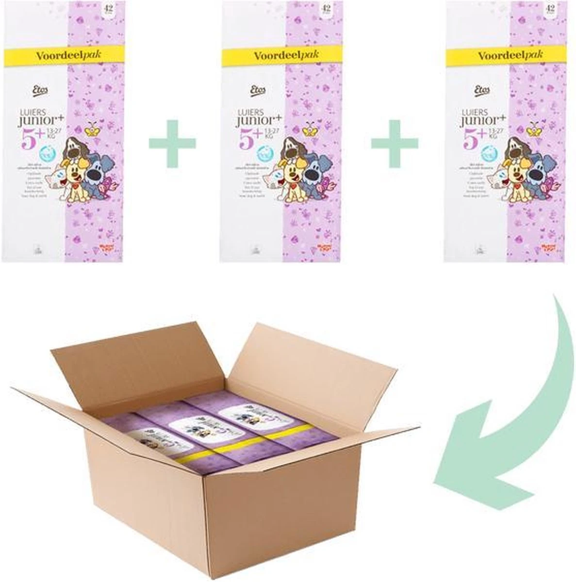 Etos Woezel & Pip Luiers Junior Plus Maat 5+ - 13-27 Kg - Maandbox 126 Stuks (3 X 42 Stuks) 2 Etos Woezel & Pip Luiers Junior Plus Maat 5+ - 13-27 Kg - Maandbox 126 Stuks (3 X 42 Stuks) - Afbeelding 2