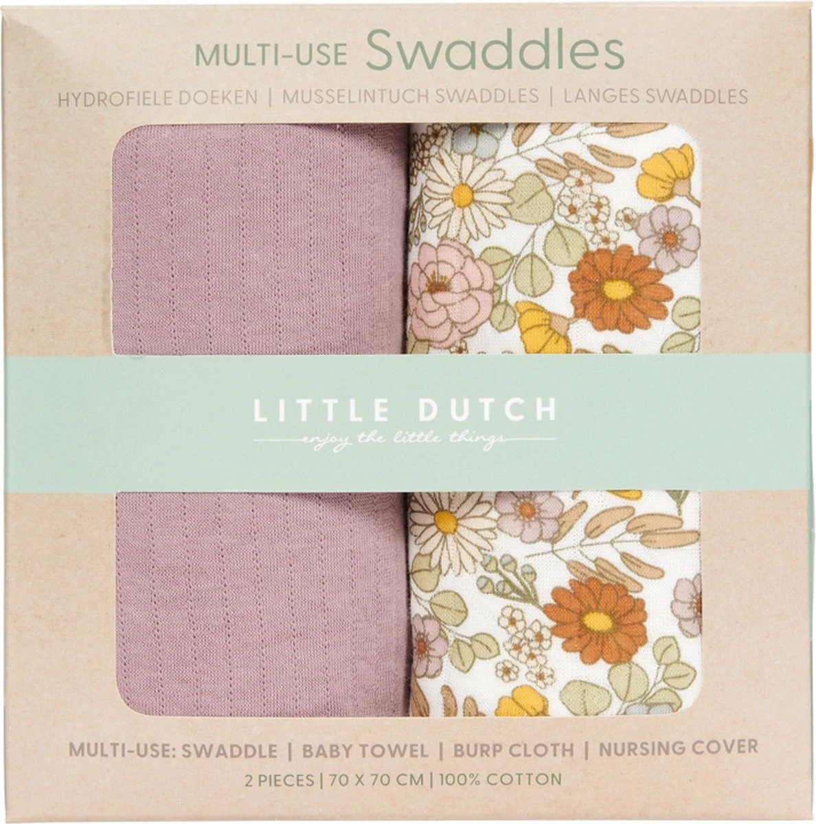 Little Dutch - Swaddle Doeken 70 X 70 Vintage Little Flowers / Pure Mauve 1 Little Dutch - Swaddle Doeken 70 X 70 Vintage Little Flowers / Pure Mauve