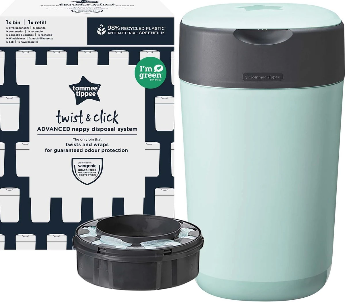 Tommee Tippee Milieuvriendelijke Twist & Click Luieremmer - Met 1 Navulcassette - Groen 2 Tommee Tippee Milieuvriendelijke Twist & Click Luieremmer - Met 1 Navulcassette - Groen - Afbeelding 2