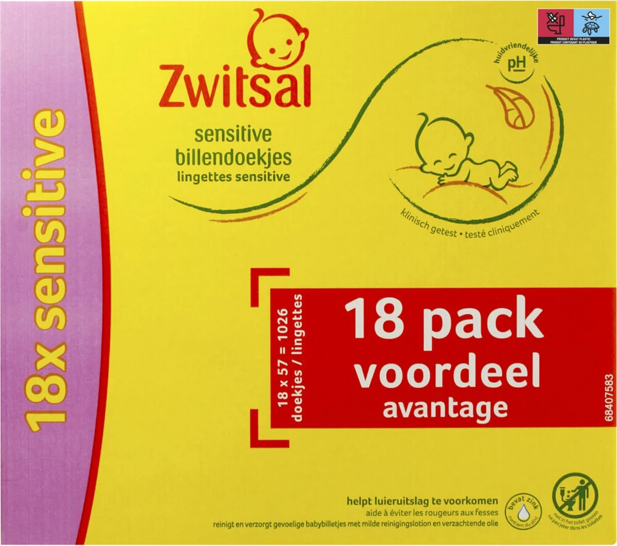 Zwitsal - Billendoekjes Sensitive - 18 X 57 - 1026 Babydoekjes 4 Zwitsal - Billendoekjes Sensitive - 18 X 57 - 1026 Babydoekjes - Afbeelding 4