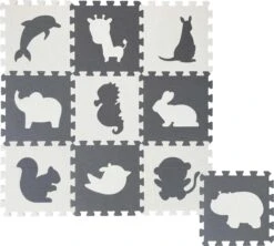 Merkloos Dieren Foam Puzzel Speelmat - 10 Speelmatten - Uitneembare Figuren - Grijs - Wit - Puzzelmat 90x90x1cm