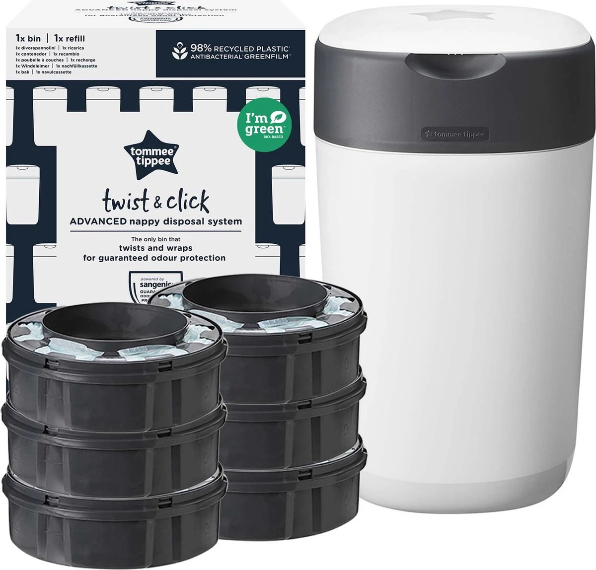 Tommee Tippee Milieuvriendelijke Twist & Click Luieremmer - Met 6 Navulcassettes - Wit 2 Tommee Tippee Milieuvriendelijke Twist & Click Luieremmer - Met 6 Navulcassettes - Wit - Afbeelding 2