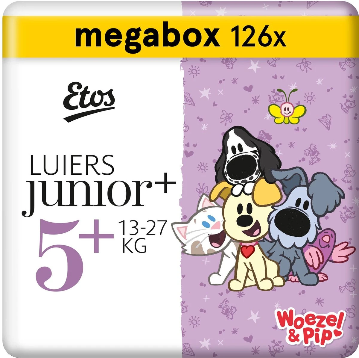 Etos Woezel & Pip Luiers Junior Plus Maat 5+ - 13-27 Kg - Maandbox 126 Stuks (3 X 42 Stuks) 1 Etos Woezel & Pip Luiers Junior Plus Maat 5+ - 13-27 Kg - Maandbox 126 Stuks (3 X 42 Stuks)