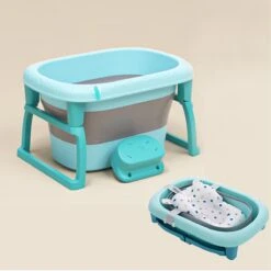 FOXSPORT Babybadje - Inklapbaar Bad - Bad Baby - Zitbad - Bath Bucket - Opvouwbaar Bad Kinderen - Baby Badje - Opvouwbaar Bad Baby - Baby Badkussen - Geschikt Voor Kinderen Van 0-12 - Met Standaard, Met Badmat, Met Badkruk -Babyproducten 1200x1200 405