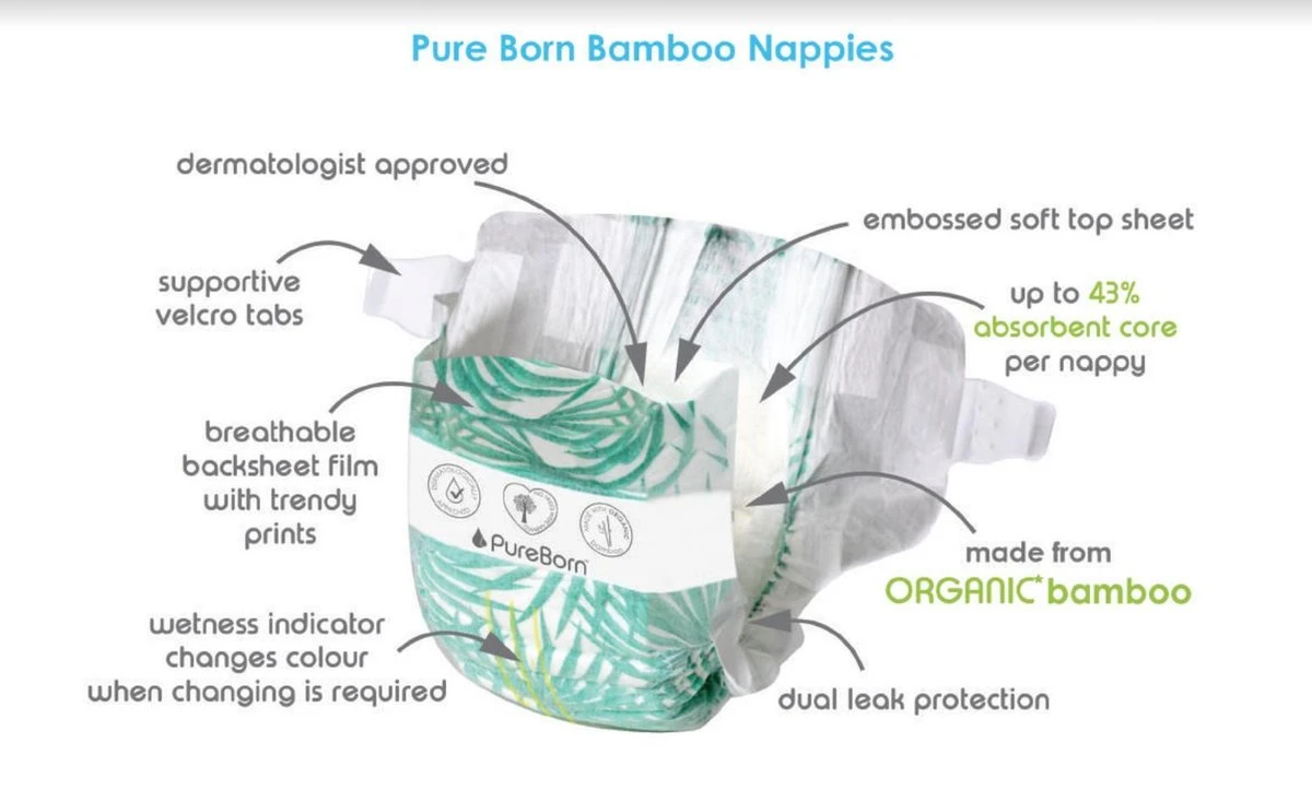 PureBorn Bamboe Luiers - Maat 5 (11-18kg) - 22 Stuks | Flowers 3 PureBorn Bamboe Luiers - Maat 5 (11-18kg) - 22 Stuks | Flowers - Afbeelding 3