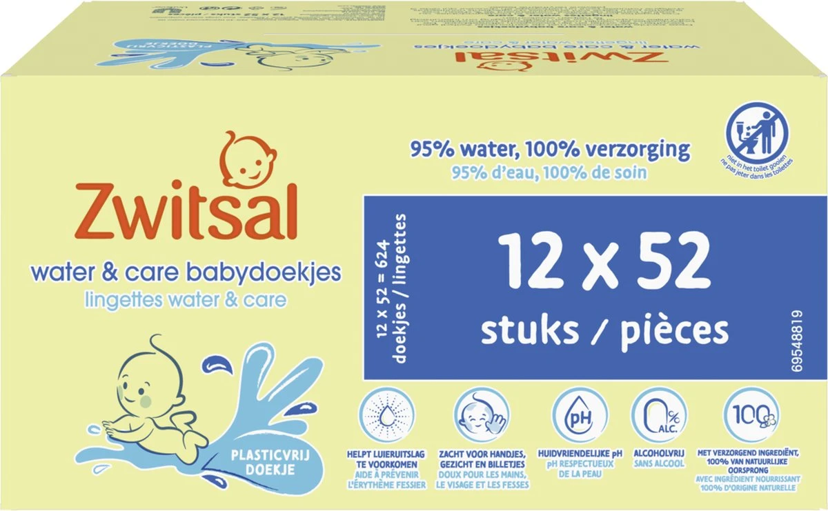 Zwitsal Water & Care Billendoekjes Met Zachte Zwitsal Geur - 624 Doekjes - Voordeelverpakking 1 Zwitsal Water & Care Billendoekjes Met Zachte Zwitsal Geur - 624 Doekjes - Voordeelverpakking