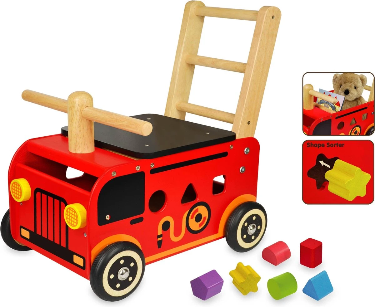 Houten Loopwagen Brandweer Met Blokken - I'm Toy 1 Houten Loopwagen Brandweer Met Blokken - I'm Toy
