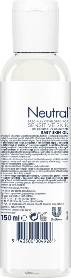 Neutral 0% Baby Huidolie Parfumvrij - 2 X 150 Ml - Voordeelverpakking -Babyproducten 307x1200