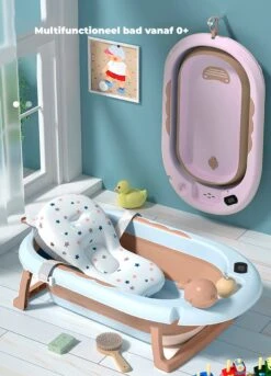 Babybadje 3 In 1 Opvouwbaar - Inclusief Badkussen - Thermometer Ingebouwd - Model 2023 - Roze -Babyproducten 864x1200